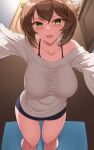  1girl alternate_costume black_shorts breasts brown_hair carmine_(ucdio) flipped_hair from_above green_eyes highres indoors kantai_collection large_breasts long_sleeves mutsu_(kancolle) shirt short_hair short_shorts shorts solo white_shirt 