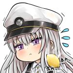  1girl azur_lane blush flying_sweatdrops food fruit hat highres lemon little_enterprise_(azur_lane) military_hat peaked_cap sassa_(onion) scared silver_hair solo trembling violet_eyes 