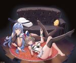  2girls absurdres animal_ears arm_strap azur_lane bare_legs bare_shoulders barefoot black_legwear black_leotard blue_eyes blue_hair bodystocking brown_hair feet feet_up highres leg_up legs leotard long_hair luoloo multiple_girls navel new_jersey_(azur_lane) new_jersey_(exhilarating_steps!)_(azur_lane) no_shoes official_alternate_costume panties playboy_bunny rabbit_ears san_francisco_(azur_lane) san_francisco_(funny_bunny!)_(azur_lane) short_hair single_thighhigh soles thigh-highs toes underwear 