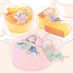  2girls ahoge arms_up bangs barefoot blue_hair butter cake cat chibi closed_eyes colis cup dreaming dress food fork grey_hair hair_down kantai_collection kiyoshimo_(kancolle) long_hair low_twintails lying multicolored_hair multiple_girls musashi_(kancolle) on_back open_mouth pajamas pancake pants plate purple_dress sitting sleeping smile twintails twitter_username very_long_hair white_hair 