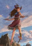  1girl absurdres blue_eyes blue_neckwear brown_hair chain clouds fantasy frown highres horns long_hair looking_to_the_side midair mountain original pointy_ears red-core_timber sky sleeveless standing sword watermark weapon 