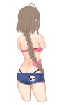  1girl ahoge animal_print ass back bear_print bikini bikini_under_clothes blue_shorts bodysuit bow braid braided_ponytail brown_hair butt_crack commentary_request cowboy_shot cropped_arms cropped_legs cutoffs denim denim_shorts facing_away from_behind hair_bow highres indie_virtual_youtuber kusunoki_shio long_hair panda_print pink_bikini pink_bodysuit pointy_ears rin_mokkomoko short_shorts shorts side_braid simple_background single_braid standing string_bikini swimsuit white_background 