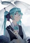  1girl aqua_eyes aqua_hair aqua_neckwear bangs black_vest blurry blurry_background bow bowtie collared_shirt commentary_request earphones eyebrows_visible_through_hair glasses hair_between_eyes hair_bow hair_ornament hatsune_miku highres holding holding_umbrella hua_ben_wuming long_hair long_sleeves looking_to_the_side outdoors purple_bow rain round_eyewear shirt sky solo teeth transparent transparent_umbrella twintails twitter_username umbrella upper_body vest vocaloid water_drop white_shirt 