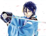  1boy blue_eyes blue_hair blue_pupils bright_pupils closed_mouth copyright_request gauntlets glint gloves greatmosu hair_between_eyes haori highres holding holding_sword holding_weapon japanese_clothes katana long_sleeves looking_at_viewer male_focus purple_gloves smile solo sword tassel two-handed upper_body weapon 