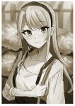  1girl akagi_kurage asymmetrical_bangs bangs blouse commentary_request flower hairband highres kantai_collection long_hair looking_at_viewer monochrome official_alternate_costume sagiri_(kancolle) sepia smile solo suspenders swept_bangs upper_body 