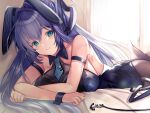  1girl animal_ears azur_lane bare_shoulders black_leotard blue_eyes blue_hair blush breasts commentary_request eyebrows_visible_through_hair hair_between_eyes large_breasts leotard long_hair lying new_jersey_(azur_lane) new_jersey_(exhilarating_steps!)_(azur_lane) official_alternate_costume on_bed on_stomach playboy_bunny rabbit_ears shibaebi_(yasaip_game) solo very_long_hair 