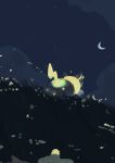  clouds commentary_request crescent_moon dog draw_pann33 from_below gen_8_pokemon glowing grass highres moon night outdoors pokemon pokemon_(creature) running sky star_(sky) yamper 