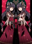  2girls black_hair blush breasts gloves hinoa japanese_clothes keijou_(pixiv1154911) kimono long_hair minoto monster_hunter monster_hunter_(series) monster_hunter_rise pointy_ears siblings twins 