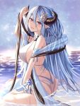 1girl absurdres blush breasts draph granblue_fantasy highres horns izmir kanpyou_(hghgkenfany) kneeling large_breasts light_blue_hair long_hair official_alternate_costume partially_submerged pointy_ears red_eyes solo very_long_hair wet 