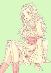  1girl ahoge bangs breasts buttons corset cosplay fire_emblem fire_emblem_awakening fire_emblem_fates frills full_body headdress highres lissa_(fire_emblem) lissa_(fire_emblem)_(cosplay) long_hair looking_to_the_side medium_breasts open_mouth ophelia_(fire_emblem) tonton318831 