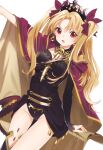  1girl arm_up bangs black_gloves black_headwear black_legwear black_leotard blonde_hair booota cape cowboy_shot dutch_angle earrings ereshkigal_(fate) fate/grand_order fate_(series) gloves hair_ribbon half_gloves jewelry leotard long_hair looking_at_viewer parted_bangs red_cape red_eyes red_ribbon ribbon simple_background single_glove single_thighhigh solo spine standing thigh-highs tiara two-sided_cape two-sided_fabric two_side_up white_background yellow_cape 
