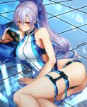  1girl aona_(anagasaki) ass bangs bare_shoulders blue_bow blue_swimsuit bow breasts cellphone fate/grand_order fate_(series) hair_between_eyes hair_bow highleg highleg_swimsuit highres large_breasts long_hair looking_at_viewer one-piece_swimsuit phone ponytail red_eyes silver_hair solo swimsuit thigh_strap thighs tomoe_gozen_(fate) tomoe_gozen_(swimsuit_saber)_(fate) two-tone_swimsuit white_swimsuit 