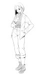  1girl belt black_eyes black_shirt coat commentary_request full_body greyscale hand_in_pocket highres holding holding_phone monochrome original pants phone samantha_rodrigues samsung_electronics shirt short_hair simple_background sketch solo standing white_background white_coat white_hair white_pants 