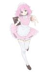  1girl :q apron brown_footwear commentary dress foreshortening frilled_dress frills full_body highres holding holding_menu loafers maid_headdress mechiru menu ootori_emu pink_dress pink_eyes pink_hair pink_nails project_sekai shoes short_hair short_sleeves solo thigh-highs tongue tongue_out v waitress white_thighhighs 