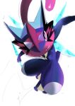  ash-greninja bright_pupils commentary_request gen_6_pokemon greninja highres looking_at_viewer no_humans ohashi_aito pokemon pokemon_(creature) shiny shuriken solo tongue_scarf violet_eyes white_background white_pupils 