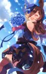 1girl animal_ears bare_shoulders blue_flower blue_ribbon blue_rose blue_sky blush bouquet brown_hair brown_legwear chachi_(azuzu) closed_eyes clouds commentary_request cowboy_shot day dress flower from_behind from_below hair_over_one_eye hat hat_flower holding holding_bouquet horse_ears horse_tail long_hair long_sleeves looking_to_the_side off-shoulder_dress off_shoulder open_mouth outdoors ribbon rice_shower_(umamusume) rose sky smile solo standing tail tears thigh-highs tilted_headwear umamusume 