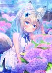  1girl animal_ear_fluff animal_ears arm_up bangs black_skirt blue_eyes blue_flower blurry blurry_foreground blush closed_mouth collared_shirt commentary_request commission day depth_of_field dress_shirt eyebrows_visible_through_hair fence flower grey_hair hair_between_eyes hair_flower hair_ornament highres hydrangea ittokyu long_hair looking_at_viewer original outdoors pink_flower ponytail shirt skirt sleeveless sleeveless_shirt smile solo tail white_shirt 