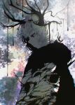  1girl antlers berryverrine chromatic_aberration dripping grey_hair highres horns leaf original plant profile shadow short_hair solo upper_body violet_eyes 