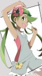  1girl :d arm_up armpits dark-skinned_female dark_skin flower green_eyes green_hair hair_flower hair_ornament ixy long_hair looking_at_viewer mallow_(pokemon) open_mouth pokemon pokemon_(game) pokemon_sm smile solo twintails upper_teeth 