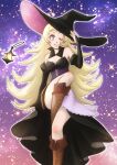  1girl bangs bare_shoulders blonde_hair blue_eyes boots breasts bridal_gauntlets ebi_puri_(ebi-ebi) fire_emblem fire_emblem_fates full_body halloween hat lantern long_hair medium_breasts ophelia_(fire_emblem) sky star_(sky) starry_sky thighs witch_hat 