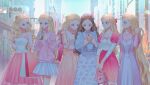  6+girls absurdly_long_hair alternate_costume anneliese_(barbie) bag ballet barbie_(character) barbie_(franchise) barbie_as_rapunzel barbie_as_the_princess_and_the_pauper barbie_in_the_12_dancing_princesses barbie_in_the_nutcracker barbie_movies barbie_of_swan_lake blonde_hair blouse blue_dress blurry blurry_background bow braid brown_hair building cable_knit casual cellphone cityscape cityscape_background clara_(barbie) clara_(the_nutcracker) coffee_cup cowboy_shot crossover cup curly_hair disposable_cup dress drinking drinking_straw erika_(barbie) everyone eyeshadow floral_dress floral_print flower flower_wreath friends frilled_sleeves frills genevieve_(barbie) grimm&#039;s_fairy_tales hair_bow hair_flower hair_ornament hair_pulled_back hair_ribbon head_wreath highres holding holding_bag holding_hair jewelry long_hair long_skirt long_sleeves look-alike looking_at_another looking_at_phone makeup matching_outfit miniskirt mulitple_braids multiple_girls necklace odette_(barbie) odette_(swan_lake) okitafuji pale_background pale_skin pastel_colors phone pink_dress pink_eyeshadow pink_sweater playing_with_own_hair pointing polka_dot polka_dot_dress polka_dot_skirt princess_and_the_pauper princess_anneliese_(barbie) puffy_sleeves rapunzel rapunzel_(barbie) rapunzel_(grimm) ribbon rose sheer_clothes sheer_skirt shirt_under_dress shopping shopping_bag skirt sky skyscraper sleeveless sleeveless_dress smartphone smile straight_hair straw swan_lake sweater tank_top the_nutcracker tulle very_long_hair 