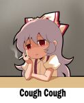  1girl bow chibi cigarette collared_shirt empty_eyes english_commentary english_text fujiwara_no_mokou grey_background hair_between_eyes hair_bow jokanhiyou meme red_eyes shirt short_sleeves silver_hair smoking solo suspenders touhou 