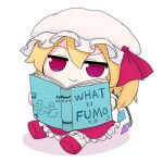  1girl blonde_hair book closed_mouth commentary english_text fang fang_out flandre_scarlet frilled_skirt frills full_body fumo_(doll) hat highres holding holding_book looking_at_viewer medium_hair mob_cap multicolored_wings one_side_up open_book patchouli_knowledge red_eyes red_footwear red_skirt rei_(tonbo0430) shadow simple_background skirt solo touhou white_background white_headwear wings 