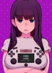 1girl absurdres bangs black_hair blue_eyes breasts cleavage_cutout clothing_cutout crossed_arms highres large_breasts long_hair looking_at_viewer open_mouth original patterned_background print_shirt purple_background shadow shirt short_sleeves solo white_shirt yoshi_mi_yoshi 