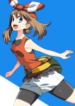  1girl :d bangs bare_arms bike_shorts blue_eyes bow_hairband breasts brown_hair commentary_request eyelashes fanny_pack from_side hairband highres long_hair looking_at_viewer may_(pokemon) open_mouth pokemon pokemon_(game) pokemon_oras shiny shirt shorts sleeveless sleeveless_shirt smile solo tongue two-tone_background white_shorts yellow_bag yuihico 