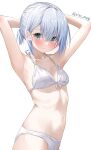  1girl absurdres armpits arms_behind_head arms_up bang_dream! bangs bikini blush breasts closed_mouth commentary from_side front-tie_bikini front-tie_top frown green_eyes highres kurata_mashiro looking_at_viewer navel rits_(apud8788) short_hair short_ponytail silver_hair simple_background small_breasts solo standing swimsuit twitter_username white_background 