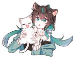  1girl :o ahoge animal animal_ear_fluff animal_ears black_hair black_shirt cat cat_ears colored_inner_hair eyebrows_visible_through_hair gradient_hair green_hair green_hoodie holding holding_animal holding_cat hood hoodie kemonomimi_mode long_hair mono_mon multicolored_hair nijisanji nijisanji_kr off-shoulder_shirt off_shoulder scarf second-party_source shin_yuya shirt solo upper_body virtual_youtuber white_background white_scarf 