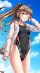  1girl black_swimsuit blue_eyes blue_sky breasts brown_hair clouds cloudy_sky collarbone competition_swimsuit covered_navel cowboy_shot dated day eyebrows_visible_through_hair hair_between_eyes highleg highleg_swimsuit highres hood hooded_jacket jacket kantai_collection kumano_(kancolle) long_hair looking_at_another one-piece_swimsuit one_eye_closed open_mouth outdoors ponytail sky small_breasts solo sunlight swimsuit tsuchimiya white_jacket 