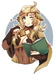  1girl ahoge bangs blonde_hair blue_eyes bodystocking book breasts bridal_gauntlets circlet covered_navel fire_emblem fire_emblem_fates highres holding holding_book holding_weapon long_hair medium_breasts one_eye_closed ophelia_(fire_emblem) shy_(ribboneels) turtleneck upper_body weapon 