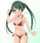  1girl ame-san bikini breasts commentary_request cowboy_shot dated gradient gradient_background green_background green_eyes green_hair highres kantai_collection long_hair looking_at_viewer mikuma_(kancolle) red_bikini side-tie_bikini small_breasts solo swimsuit twintails twitter_username 