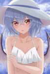  1girl bangs bikini blush breasts clouds eyebrows_visible_through_hair eyes_visible_through_hair hair_between_eyes hand_on_own_arm hat highres looking_at_viewer open_mouth purple_hair red_eyes remilia_scarlet short_hair sky small_breasts solo souyoru swimsuit touhou underwear white_bikini white_headwear wings 