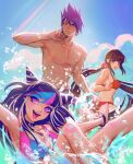  1boy 2girls bangs bikini black_hair blunt_bangs blush breasts brown_hair clenched_hand commentary covered_nipples dangan_ronpa_(series) dangan_ronpa_2:_goodbye_despair dangan_ronpa_s:_ultimate_summer_camp dangan_ronpa_v3:_killing_harmony day from_side hair_horns harukawa_maki long_hair looking_at_viewer medium_breasts mioda_ibuki missarilicious momota_kaito multicolored_hair multiple_girls official_alternate_costume open_mouth piercing pink_eyes pink_hair ponytail red_bikini red_eyes red_scrunchie scrunchie sketch smile swimsuit tongue tongue_out upper_body upper_teeth white_hair 