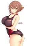  1girl ass black_swimsuit breasts brown_hair collarbone competition_swimsuit cowboy_shot dated green_eyes highres kantai_collection large_breasts montemasa mutsu_(kancolle) one-piece_swimsuit short_hair simple_background solo standing swimsuit twitter_username white_background 