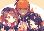  1girl 2boys :o ahoge allister_(pokemon) bangs black_hair black_hoodie blush bob_cut brown_eyes brown_hair buttons claw_pose closed_eyes collared_dress collared_shirt commentary_request dark-skinned_male dark_skin dress dynamax_band gloria_(pokemon) gloves grin gym_leader hand_on_another&#039;s_head hands_up highres hood hood_down hoodie long_sleeves multiple_boys nagatsukiariake open_mouth pink_dress pokemon pokemon_(game) pokemon_swsh raihan_(pokemon) raised_eyebrows shiny shiny_hair shirt short_hair single_glove smile teeth tongue 