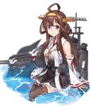  1girl ahoge bare_shoulders black_legwear black_skirt brown_hair closed_mouth detached_sleeves double_bun eyebrows_visible_through_hair hair_between_eyes hairband headgear highres japanese_clothes kantai_collection kongou_(kancolle) long_hair looking_at_viewer machinery minosu nontraditional_miko pleated_skirt remodel_(kantai_collection) ribbon-trimmed_sleeves ribbon_trim rigging skirt smile solo thigh-highs turret violet_eyes wide_sleeves 