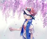  1boy alire_poke ash_ketchum bangs baseball_cap black_hair blue_jacket blurry commentary_request eyelashes flower fog hair_between_eyes hat highres jacket looking_up male_focus petals pokemon pokemon_(anime) pokemon_swsh_(anime) popped_collar rain red_headwear shirt short_hair shorts sleeveless sleeveless_jacket solo t-shirt white_shirt wisteria 