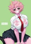  1girl ashido_mina bangs black_sclera black_skirt blush bnc_(bunshi) boku_no_hero_academia breasts character_name collared_shirt colored_sclera colored_skin green_background grin large_breasts looking_at_viewer necktie pink_hair pink_skin pleated_skirt shirt short_hair short_sleeves sitting skirt smile solo thighs wariza wet wet_clothes white_shirt yellow_eyes 