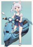  1girl :d animal_ear_fluff animal_ears bag blue_background blue_dress blue_eyes blue_hair blue_nails brown_footwear cat_ears commentary dress fish_tail full_body gawr_gura grey_hair ground_vehicle highres hololive hololive_english looking_at_viewer motor_vehicle motorcycle multicolored_hair open_mouth revision sandals shark_tail sharp_teeth shirt shoulder_bag side_ponytail sleeveless sleeveless_dress smile solo streaked_hair symbol_commentary tail teeth toenail_polish uneg virtual_youtuber white_shirt 