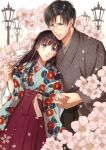  1boy 1girl black_hair blush couple cover cover_page floral_print flower glasses grey_kimono hakama highres holding_hands izumi_(stardustalone) japanese_clothes kimono lamppost long_hair making-of_available parted_lips petals red_hakama renri_no_chigiri_wo_kimi_to_shiru violet_eyes 