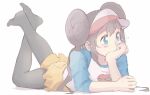  1girl bangs blush brown_hair brown_legwear commentary double_bun eyelashes green_eyes head_rest highres legs_up legwear_under_shorts long_hair lying no_shoes on_stomach pantyhose pokemon pokemon_(game) pokemon_bw2 raglan_sleeves rosa_(pokemon) sasa-chan short_shorts shorts sidelocks solo star_(symbol) the_pose twintails visor_cap yellow_shorts 