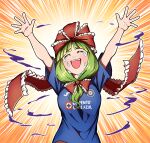  1girl alternate_costume arms_up bangs blunt_bangs bow breasts commentary_request cross cruz_azul crying emphasis_lines eyebrows_visible_through_hair frilled_bow frills front_ponytail green_hair hair_ribbon kagiyama_hina mefomefo outstretched_arms ribbon shirt short_sleeves soccer_uniform solo spanish_commentary sportswear t-shirt tears touhou upper_body 