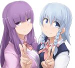  2girls asymmetrical_docking bangs blue_eyes blunt_bangs braid breast_press breasts izayoi_sakuya kaauchi large_breasts long_hair medium_breasts multiple_girls patchouli_knowledge purple_hair silver_hair smile touhou twin_braids v violet_eyes 