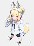  1girl animal_ear_fluff animal_ears bangs bike_shorts black_footwear black_shorts blonde_hair blue_eyes blush cellphone closed_mouth commentary_request drawstring eyebrows_visible_through_hair fox_ears fox_girl fox_tail from_above full_body grey_background headphones highres holding holding_phone hood hood_down hoodie kuro_kosyou looking_at_viewer looking_up original phone ponytail shadow shoes short_shorts shorts solo standing tail whisker_markings white_hoodie 
