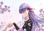  1girl absurdres black_jacket blue_eyes closed_mouth fate/stay_night fate_(series) floating_hair flower hair_ribbon highres holding_hands jacket long_hair long_sleeves looking_down matou_sakura open_clothes open_jacket petals profile purple_hair red_ribbon ribbon shiny shiny_hair shirt smile solo_focus tooku0 very_long_hair white_background white_flower white_shirt 