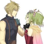  1boy 1girl armor blonde_hair blue_eyes bracelet cape cloud_strife crossover dango_(ff_iraira) dissidia_012_final_fantasy dissidia_final_fantasy dress earrings elbow_gloves final_fantasy final_fantasy_vi final_fantasy_vii fingerless_gloves gloves green_hair hair_ribbon hands_on_own_chest headpat jewelry looking_at_another pauldrons ponytail red_dress ribbon shoulder_armor sleeveless sleeveless_sweater sleeveless_turtleneck smile spiky_hair square_enix suspenders tina_branford turtleneck 