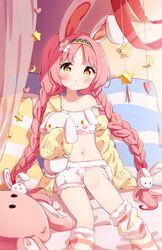  1girl :o animal_ears bangs bare_shoulders bed_sheet black_hairband blush braid brown_eyes bunny_hair_ornament camisole commentary_request crescent hair_ornament hairband highres jacket long_hair long_sleeves loose_socks mimi_(princess_connect!) navel object_hug off_shoulder open_clothes open_jacket parted_bangs parted_lips pillow princess_connect! rabbit_ears setmen short_shorts shorts sleeves_past_fingers sleeves_past_wrists socks solo star_(symbol) strap_slip striped striped_legwear stuffed_animal stuffed_bunny stuffed_toy twin_braids twintails very_long_hair white_camisole white_shorts yellow_jacket 